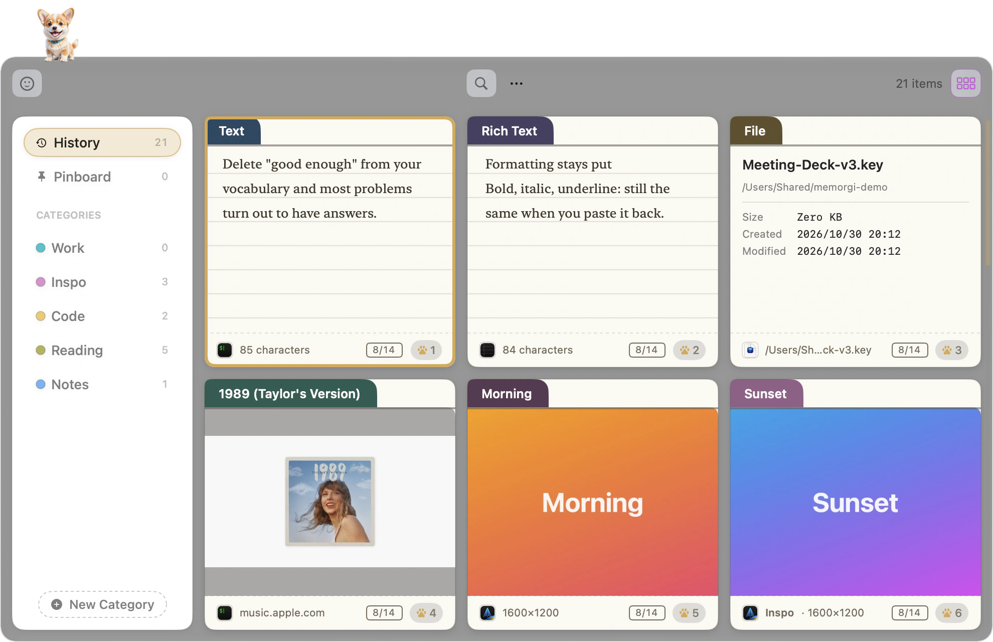 Index card style: a category tab along the top edge, content on ruled paper