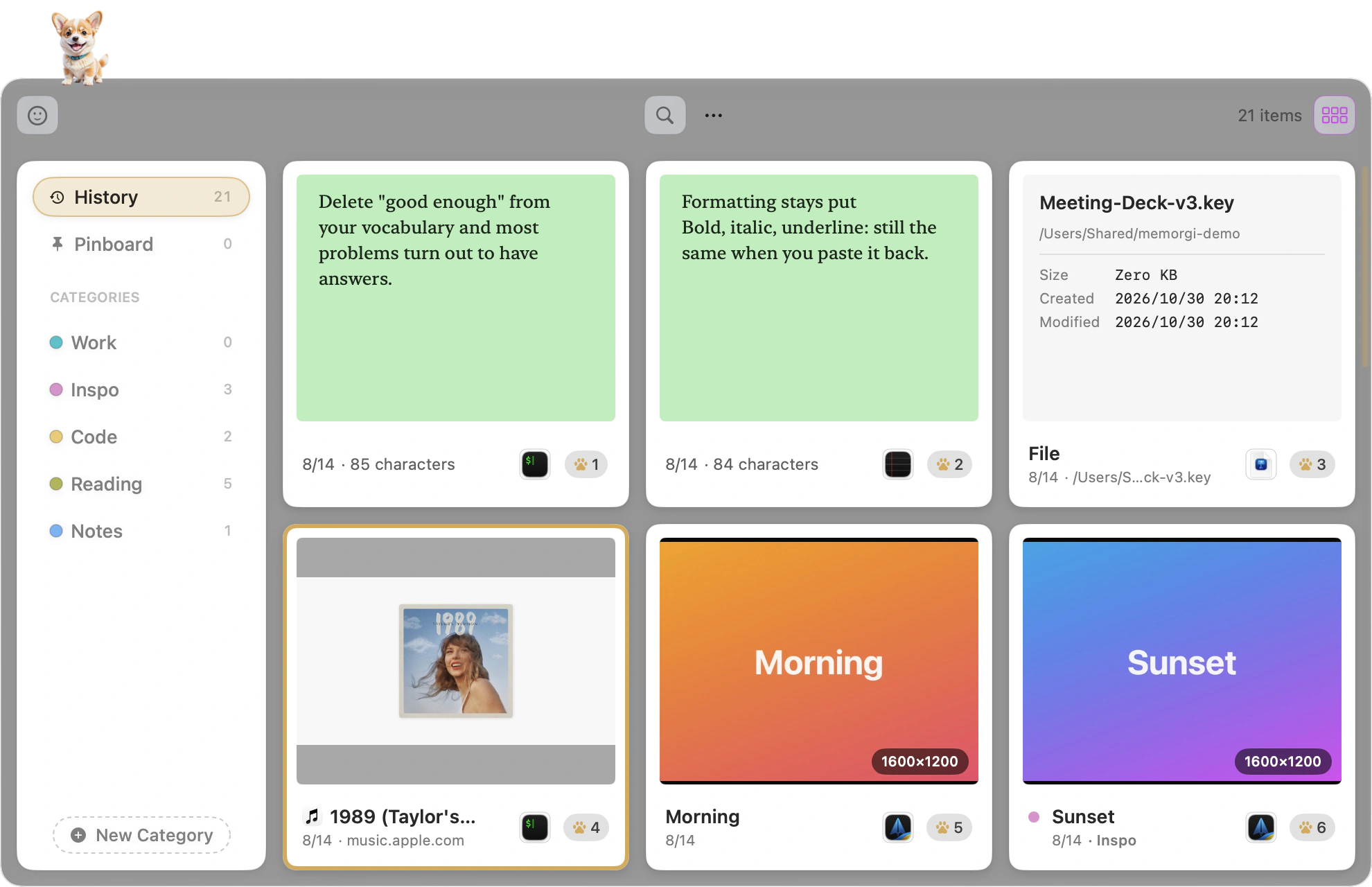 Five cards on the panel, one per type: code in terminal styling, a link with its preview image, an image thumbnail, rich text keeping its formatting, and a file showing its name and contents