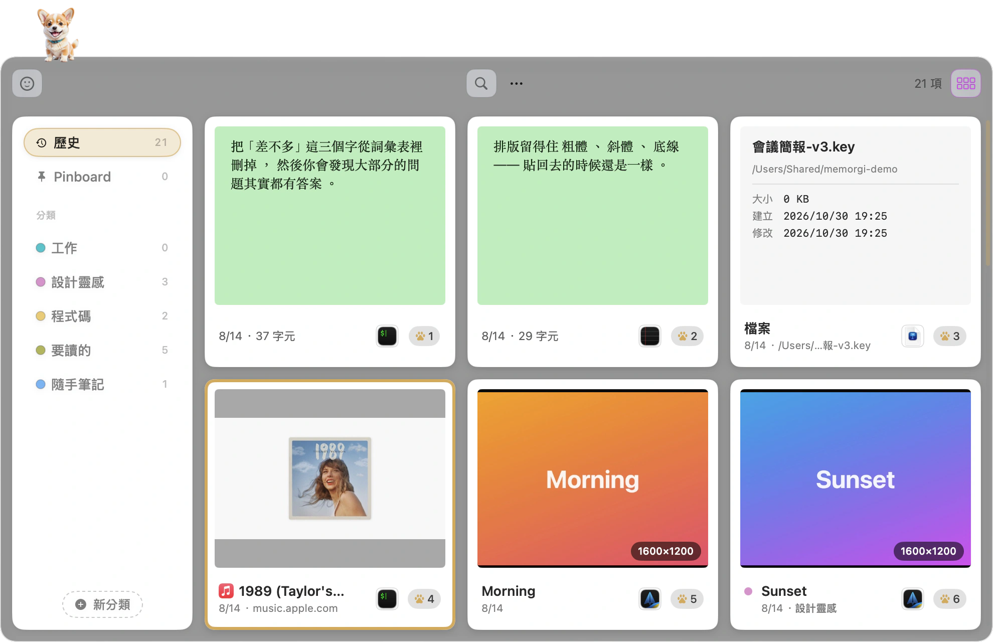面板上五張卡各是一種型別：程式碼走終端機外觀、連結有預覽圖、圖片是真縮圖、格式文字保留樣式、檔案顯示檔名與內容