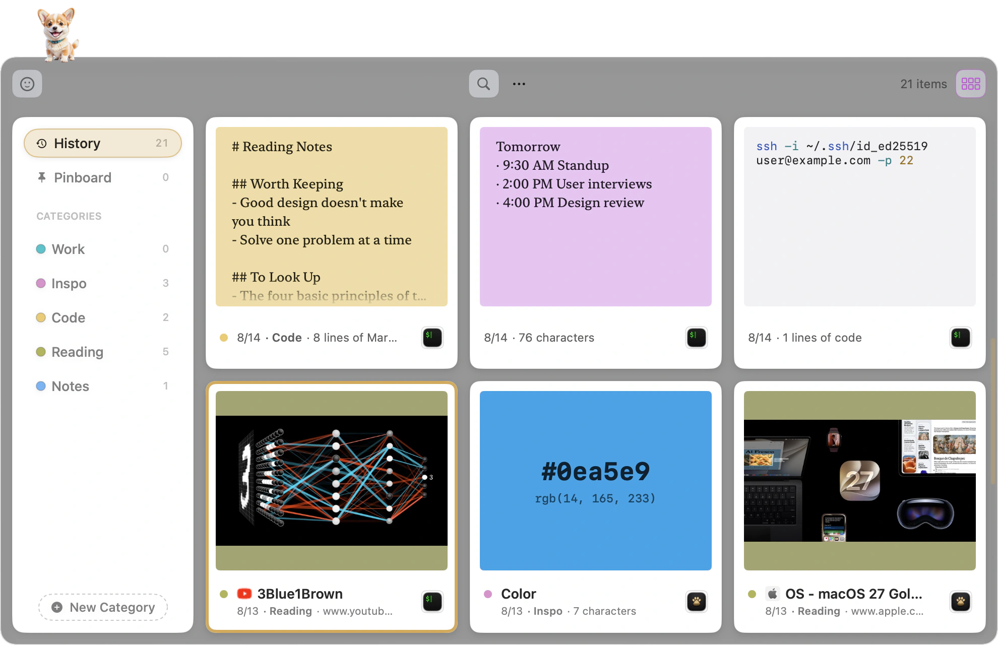 Six link cards in one category: a YouTube thumbnail, an Apple Music album cover, plus Apple and GitHub page previews, each with the site's own favicon