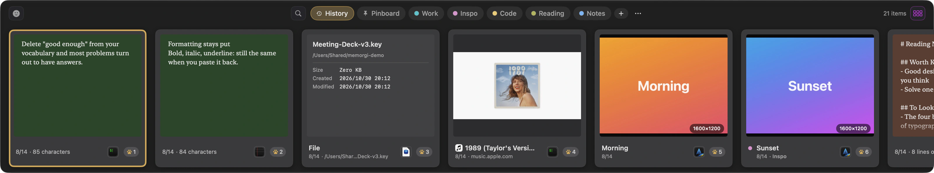 The classic layout in dark appearance: a bottom strip with dark cards