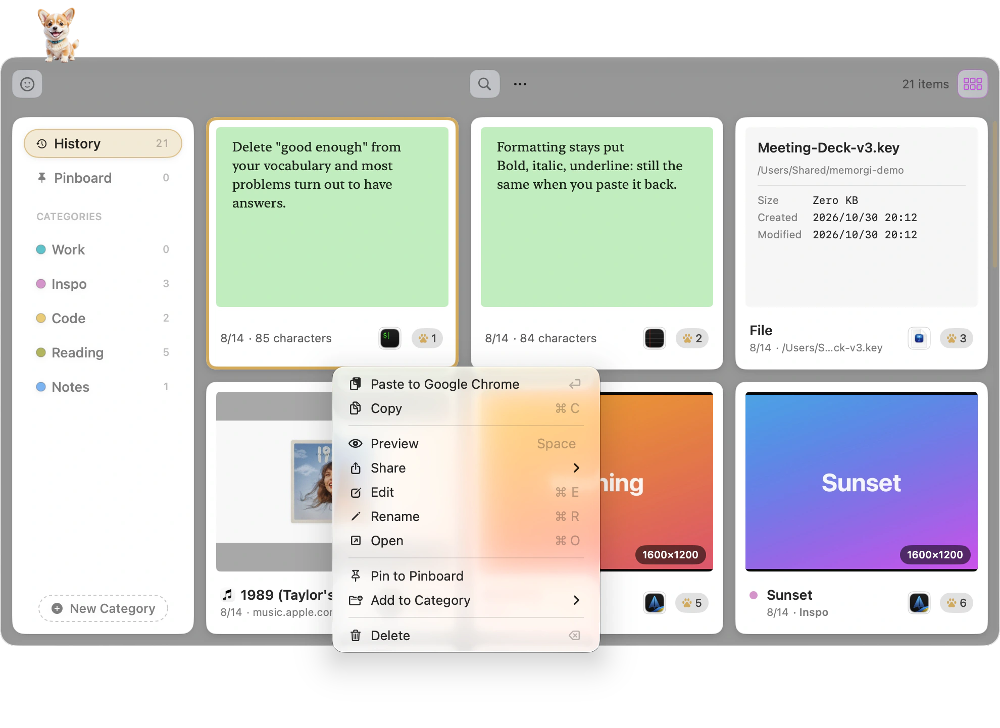The right-click menu on a card: paste, copy, preview, share, edit, rename, open, pin, file, delete, each with its shortcut on the right