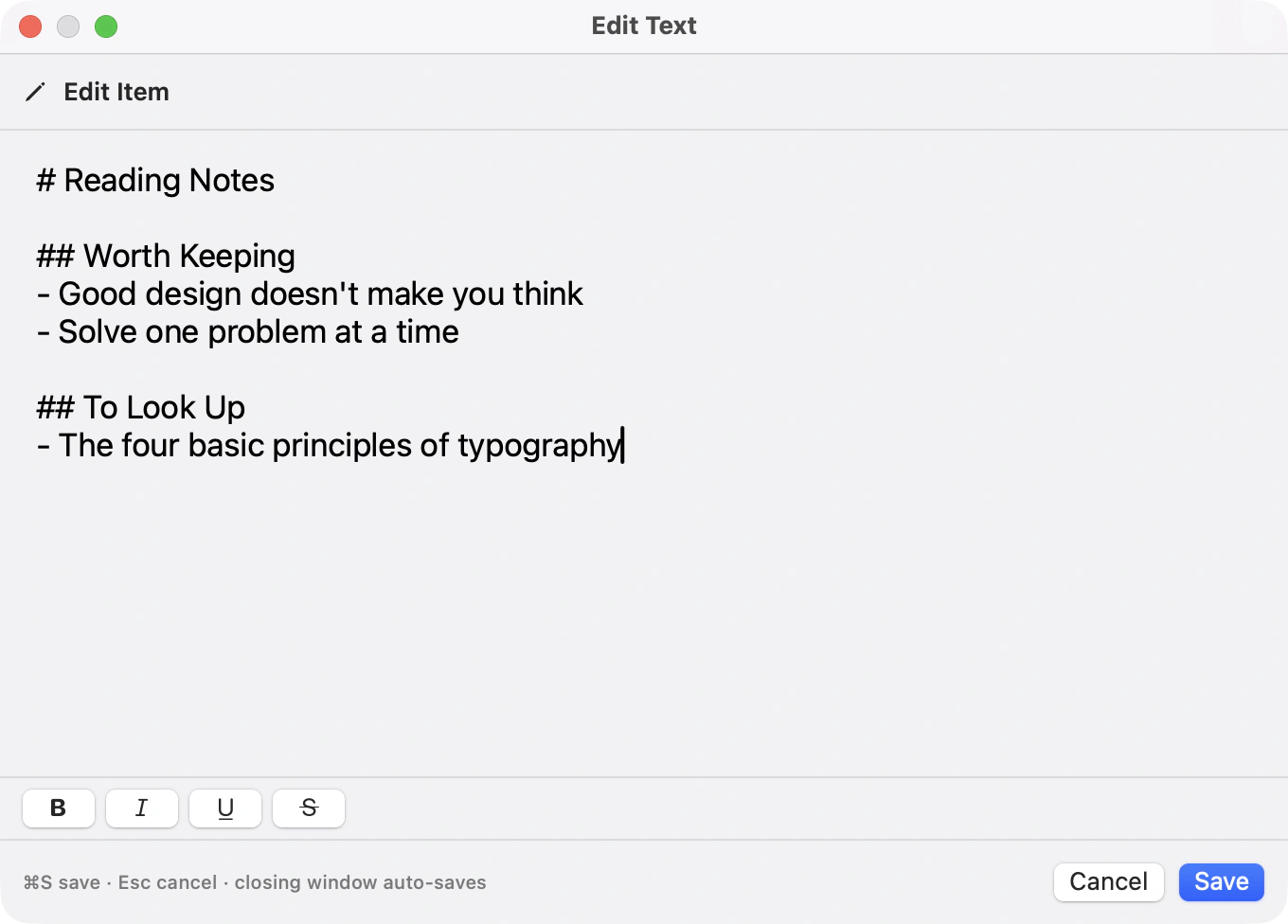 The MemorGi text editing window, with “⌘S to save · Esc to cancel · closing saves” along the bottom
