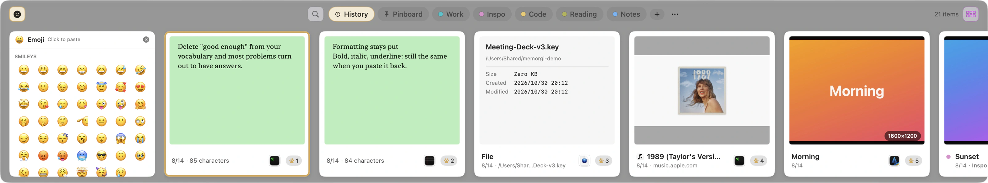 Classic layout with the emoji picker in the first slot, followed by six card types