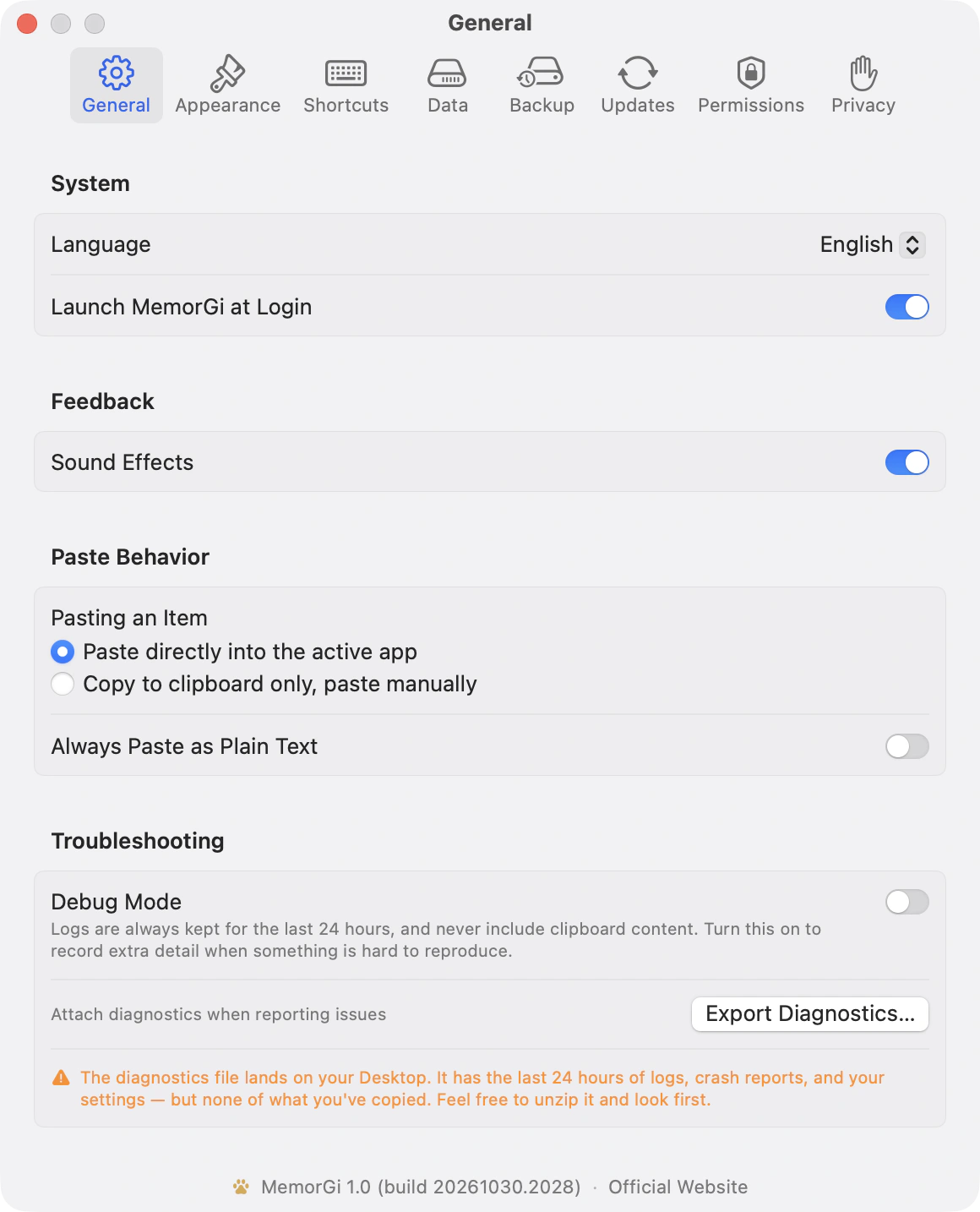 MemorGi settings, General tab: language, launch at login, sounds, paste behavior, troubleshooting