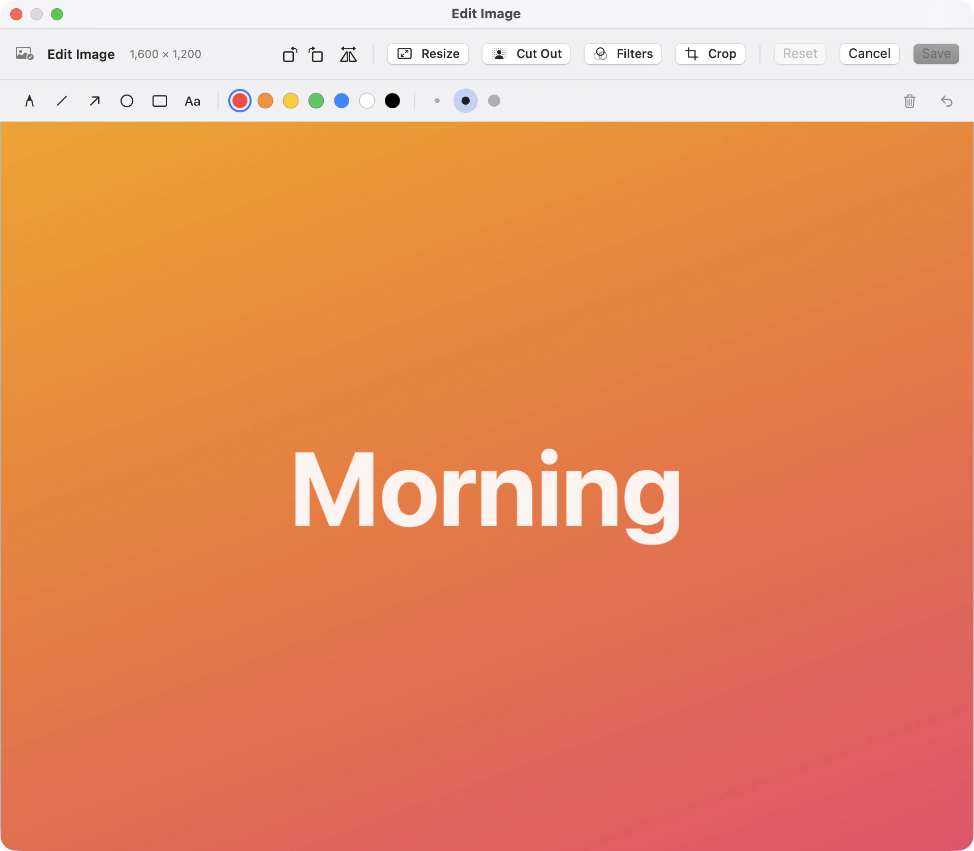 The MemorGi image editor: tools on the left, canvas in the middle, filter row below