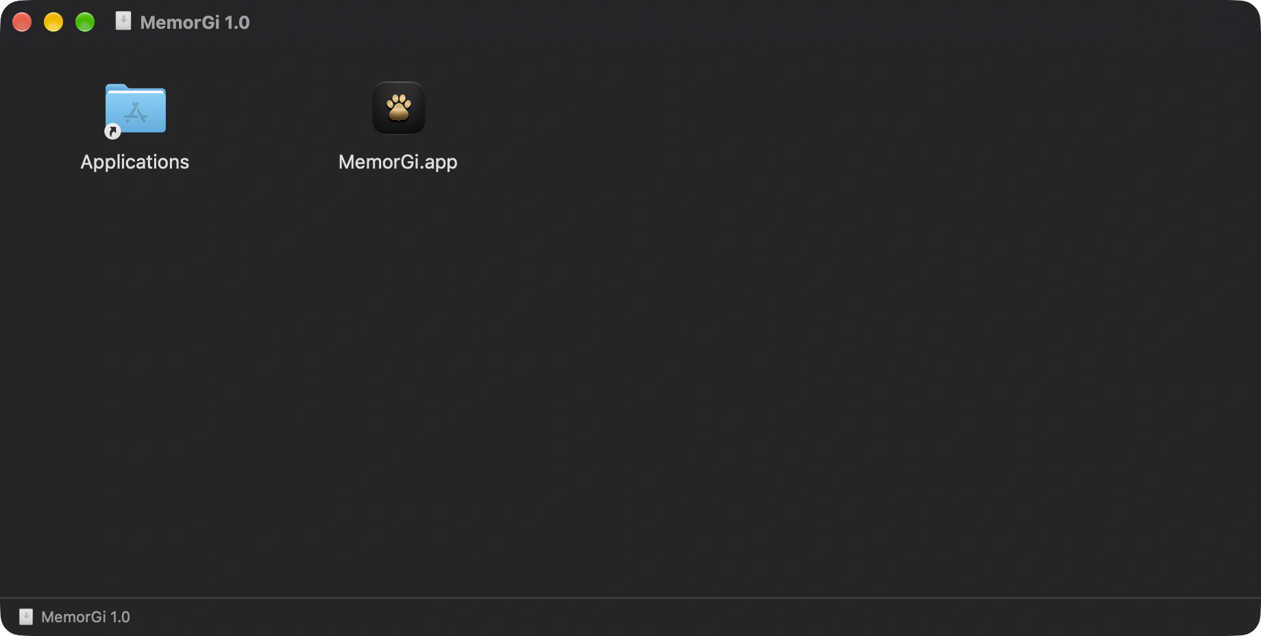 打開 dmg 之後的視窗：MemorGi 的 app 圖示與「應用程式」資料夾捷徑並排