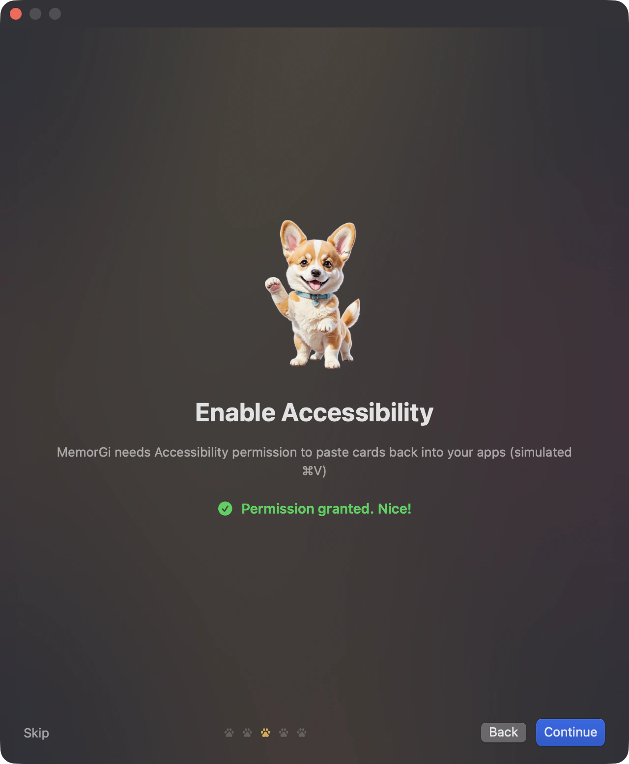 The permission page: a Grant Permission button with the path written underneath