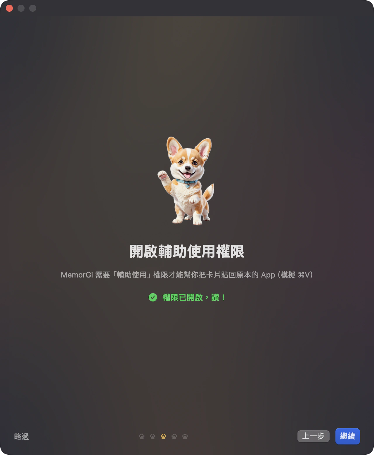 導覽的權限頁：一顆「開啟權限」按鈕，下面寫著要去的路徑