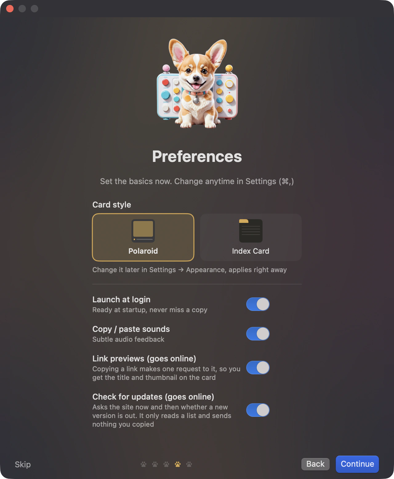 The preferences page: card style (polaroid or index card), launch at login, sounds, link previews, automatic update checks
