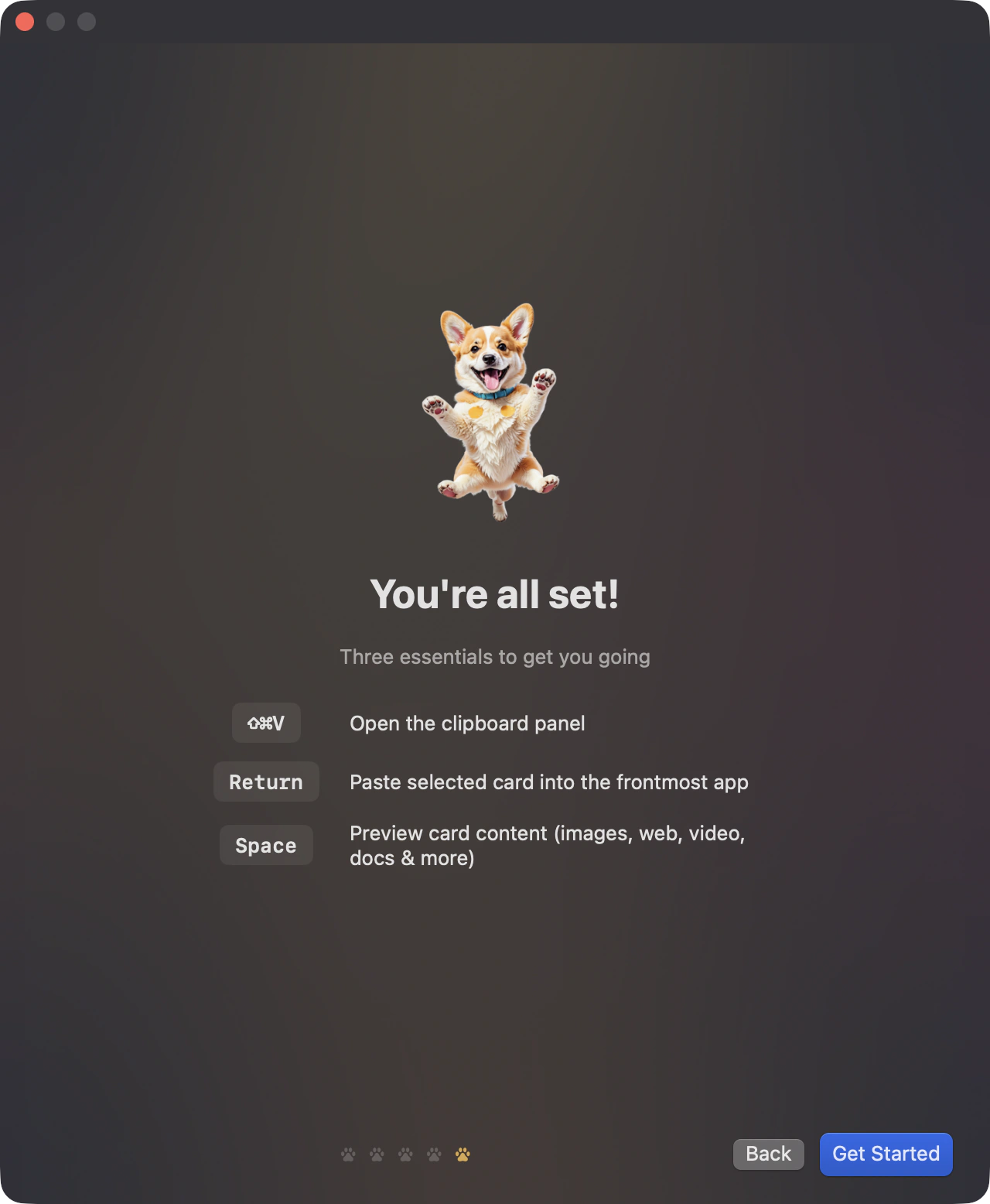 The last page: ⇧⌘V opens the panel, Return pastes back, Space previews